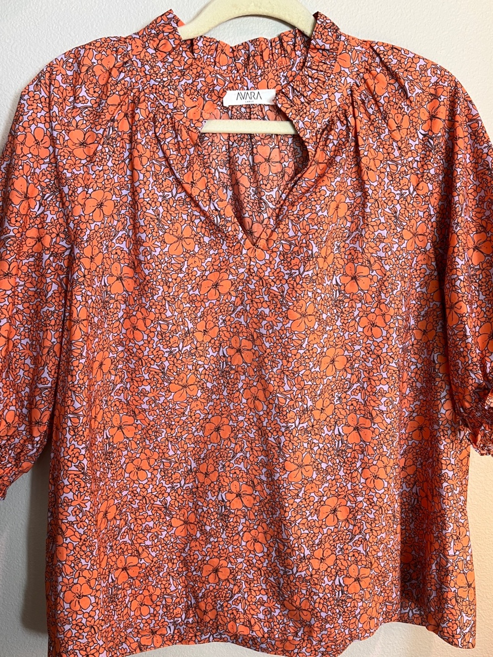 AVARA Orange Floral Split-Neck Puff Sleeve Blouse